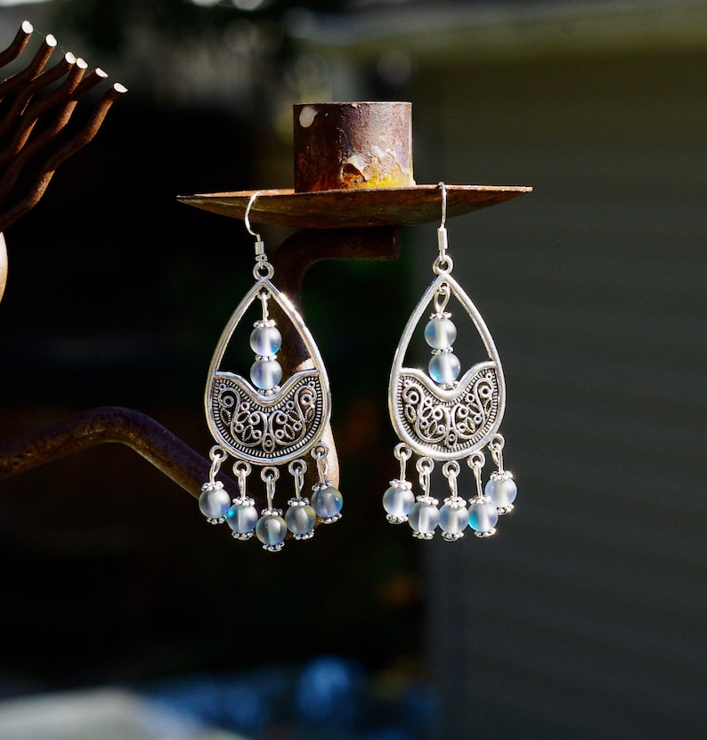 White Labradorite Chandelier Earrings  Rainbow Moonstone  image 0