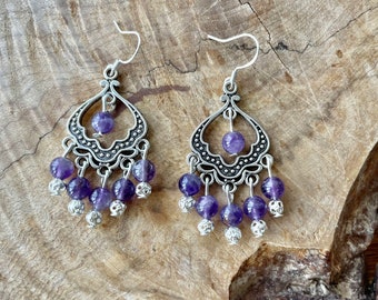 Amethyst Turban Earrings ~ Chandelier Earrings ~ Purple Stone Jewellery