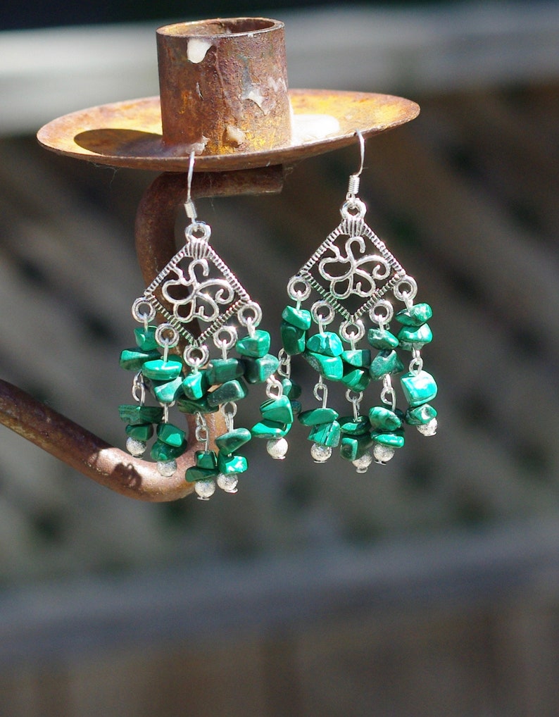 Malachite Stone Chandelier Earrings  Green Stone Jewellery  image 0