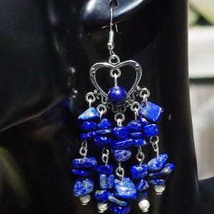 Lapis Lazuli Chip Stone Chandelier Earrings Tibetan Silver Heart Natural Irregular Stones Boho Jewelry Hippie Style Bohemian Blue image 6