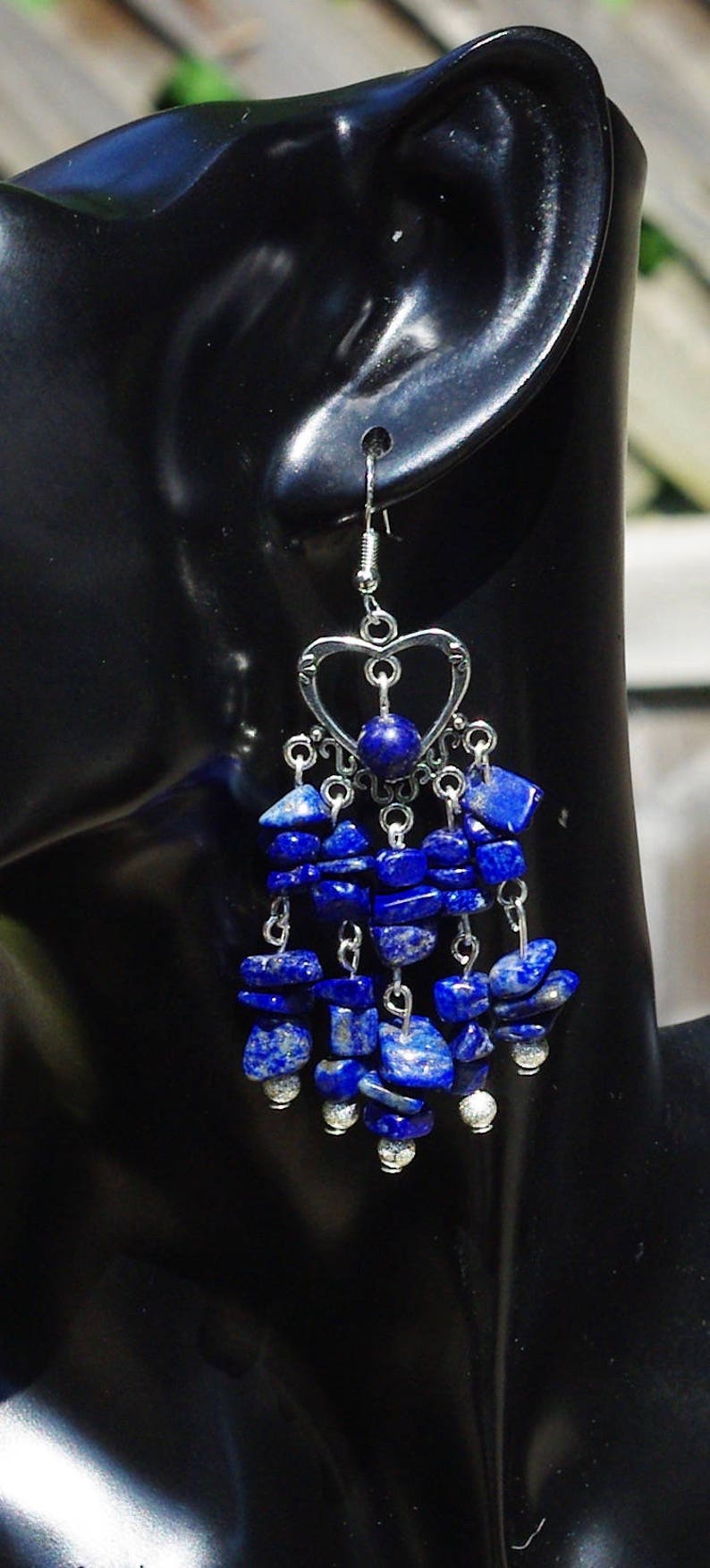 Lapis Lazuli Chip Stone Chandelier Earrings Tibetan Silver Heart Natural Irregular Stones Boho Jewelry Hippie Style Bohemian Blue image 6