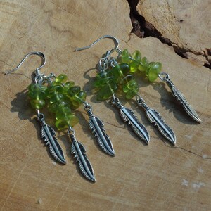 Peridot Earrings Tibetan Silver Feathers OOAK One of a Kind image 5