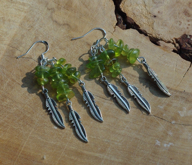 Peridot Earrings Tibetan Silver Feathers OOAK One of a Kind image 5