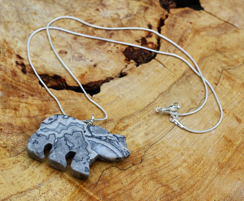 Black Lace Agate Gemstone Bear Necklace ~ Black and White Bear Necklace ~ Polished Grey Stone
