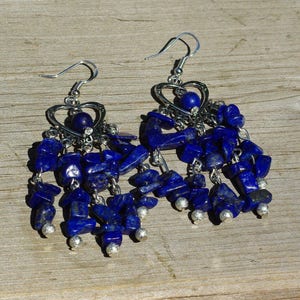 Lapis Lazuli Chip Stone Chandelier Earrings Tibetan Silver Heart Natural Irregular Stones Boho Jewelry Hippie Style Bohemian Blue image 8