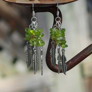 Peridot Earrings Tibetan Silver Feathers OOAK One of a Kind image 7