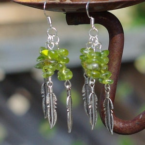 Peridot Earrings Tibetan Silver Feathers OOAK One of a Kind image 8