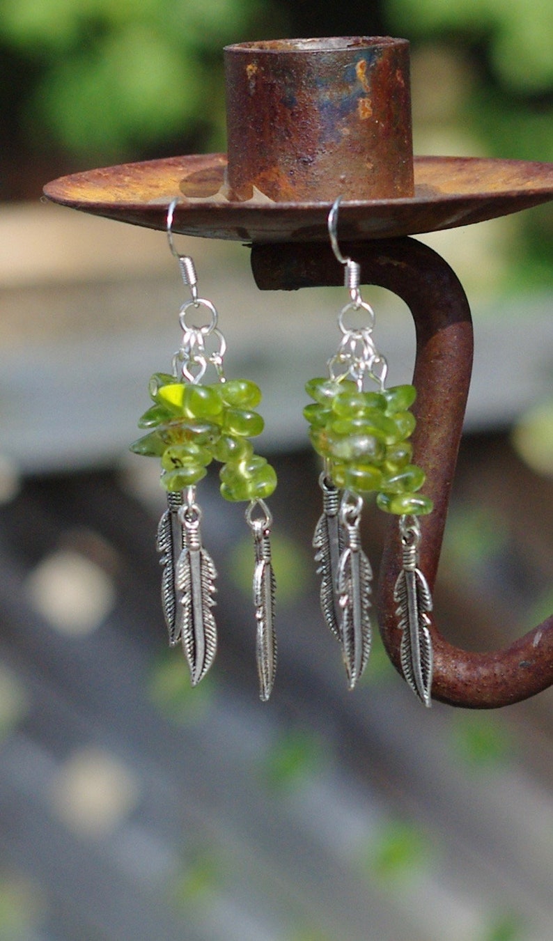 Peridot Earrings Tibetan Silver Feathers OOAK One of a Kind image 8