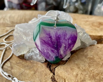 Agate Heart Pendant ~ Sterling Silver ~ Agate Necklace ~ Natural Stone ~ Purple Green White Colours