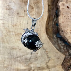 Black Onyx Necklace Dragon Pendant Gemstone Jewellery Lucky Dragon Sterling Silver Chain image 2