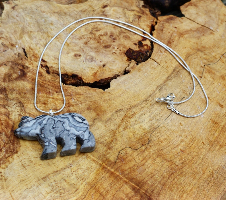 Black Lace Agate Gemstone Bear Necklace ~ Black and White Bear Necklace ~ Polished Grey Stone