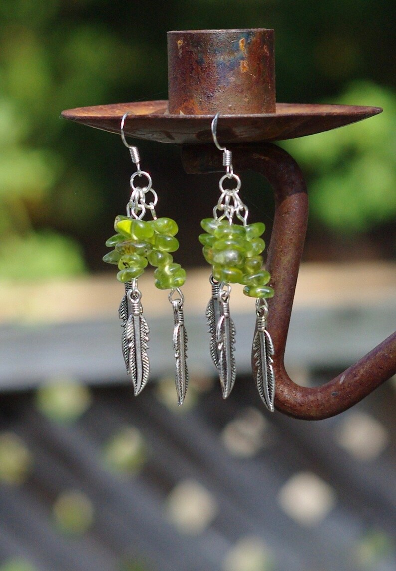 Peridot Earrings Tibetan Silver Feathers OOAK One of a Kind image 1