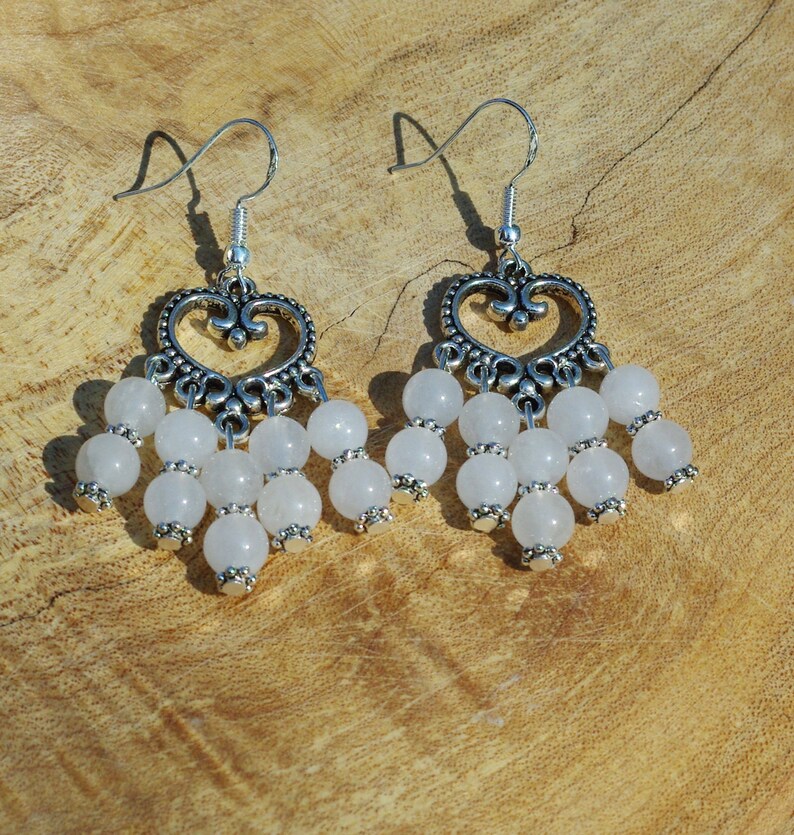 White Jade Chandelier Earrings ~ Chinese Jade Tibetan Heart Earrings ~ Semi Precious Stones  ~ Healing Stone Jewellery ~ Good Luck Stone