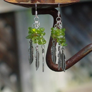 Peridot Earrings Tibetan Silver Feathers OOAK One of a Kind image 2