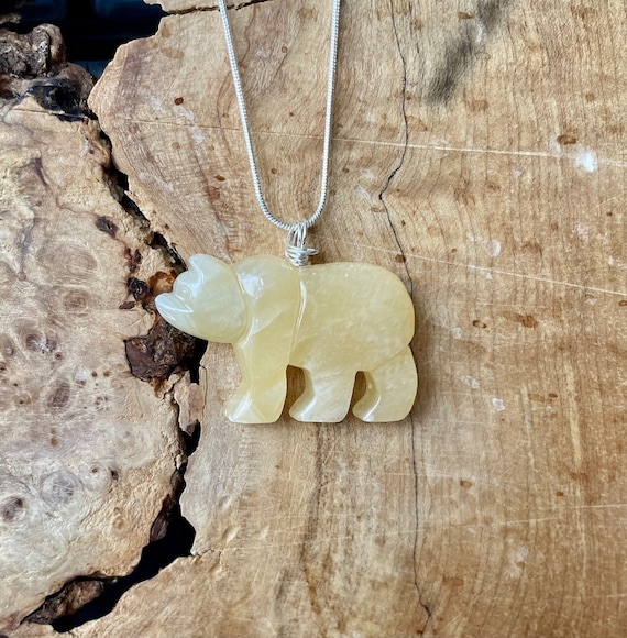 Yellow Calcite Necklace ~ Gemstone Bear Pendant ~ Polar Bear Jewellery ~ Sterling Silver Chain ~ Healing Jewelry