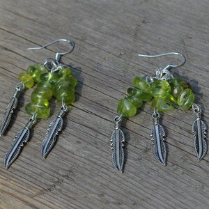 Peridot Earrings Tibetan Silver Feathers OOAK One of a Kind image 6