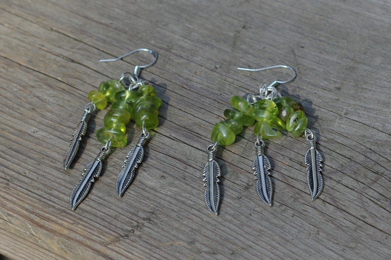 Peridot Earrings Tibetan Silver Feathers OOAK One of a Kind image 6