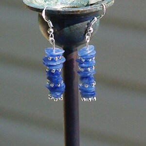 May include: A pair of dangle earrings with blue and silver beads. The earrings are hanging from a metal stand.