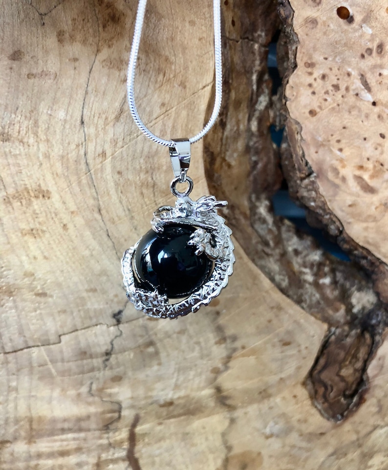 Black Onyx Necklace Dragon Pendant Gemstone Jewellery Lucky Dragon Sterling Silver Chain image 1