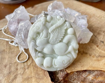 White Jade Horse Necklace ~ Pegasus Hand Carved Pendant ~ Flying Horse ~ Sterling Silver Serpentine Chain