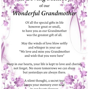 Impresión de recuerdo amoroso de la abuela, impresión conmemorativa, impresión digital, descarga digital, poema fúnebre, seres queridos en el cielo, impresión A4,
