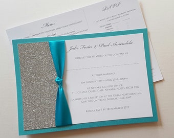 Invitación de boda turquesa con tarjeta de información, tarjeta con brillantina, invitación con brillantina y cinta, invitación brillante, boda de princesa, invitación de lujo
