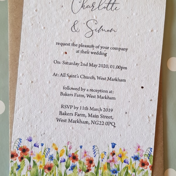 Seed paper wedding invitation, spring wedding, summer wedding, invitation with flowers, botanical wedding invites, pretty wedding,