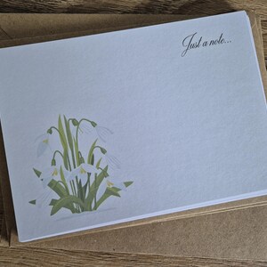 Peut inclure: Papeterie comprenant une carte bleu clair avec une illustration de perce-neige et le texte "Just a note...". La carte est empilée sur une enveloppe marron, avec une surface en bois en arrière-plan.
