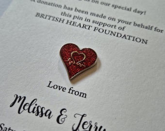 Charity pin wedding favour cards, wedding guest gift, wedding token, in lieu of favours, charity donation card, corporate merch, thank you,
