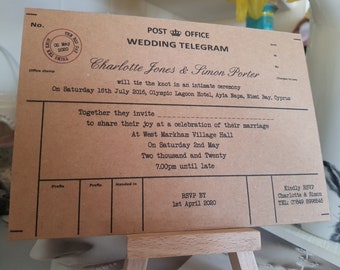 Wedding telegram, Kraft card invitation, vintage wedding, invite, personalised wedding invite, wedding stationery, postcard invitation,