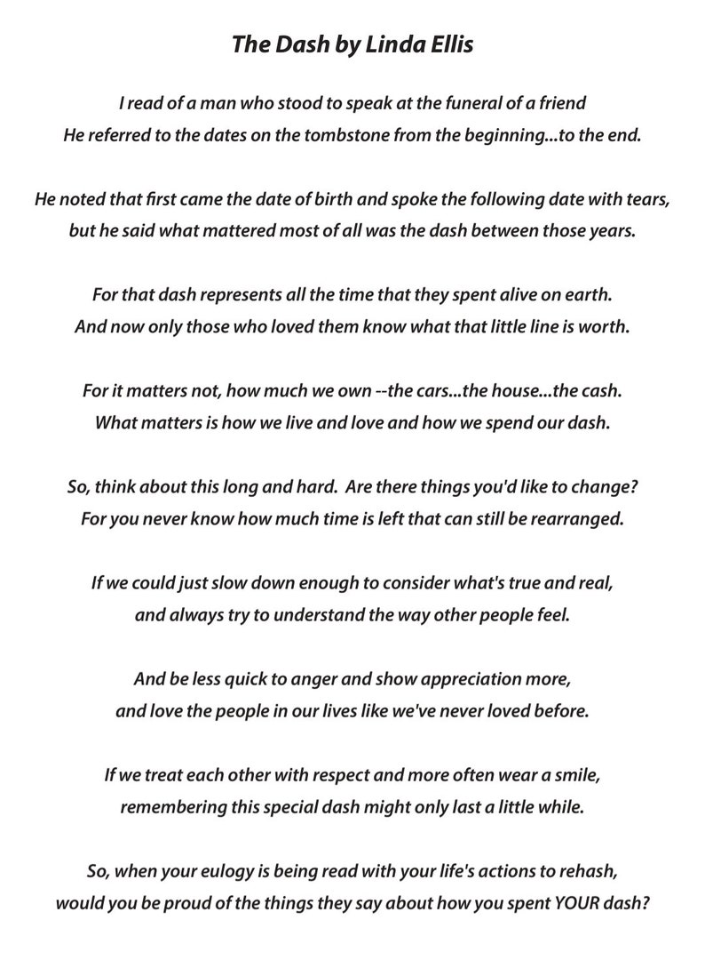 The Dash by Linda Ellis Poem, Missing You, Bereavement, Rainbow, Heaven ...