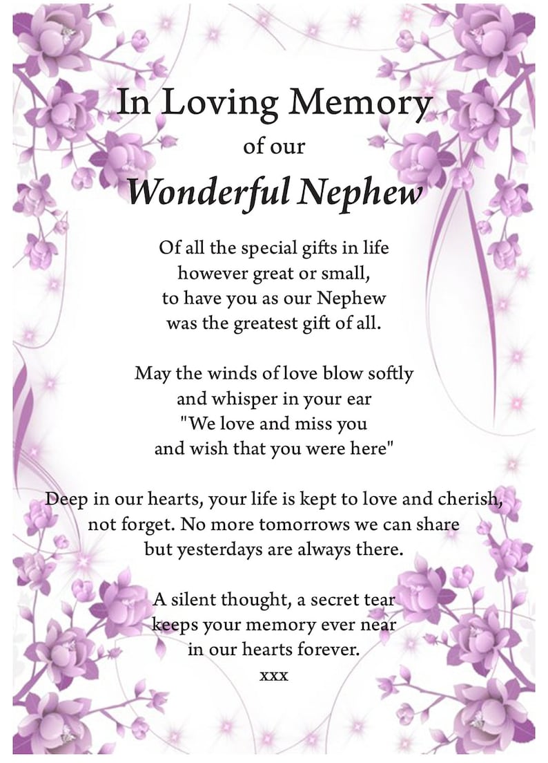 Nephew in Loving Memory Print, Funeral Poem, Missing You, Bereavement