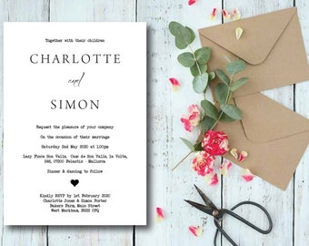 May include: A wedding invitation card with black text on white cardstock. The invitation reads "Together with their children, Charlotte and Simon, request the pleasure of your company on the occasion of their marriage, Saturday 2nd May 2020 at 1:00pm, Lazy Finca Son Valls, Camí de Son Valla, la Volta, 246, 07200 Plantix Mallorca, Dinner & dancing to follow. Kindly RSVP by lat February 2020, Charlotte Jones & Simon Porter, Bakero Farm, Main Street, West Markhan, 3022 OPQ."
