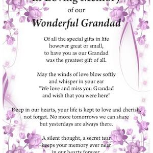 Impresión de recuerdo amoroso del abuelo, impresión conmemorativa, impresión digital, descarga digital, poema fúnebre, seres queridos en el cielo, impresión A4,