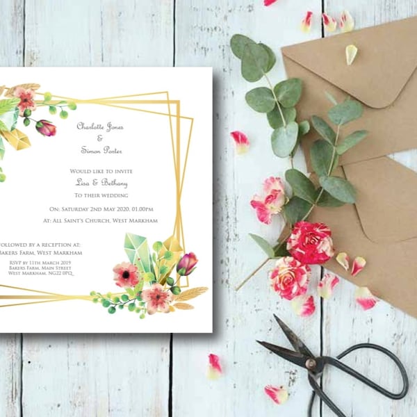 Gold jewel wedding invitation, spring flower wedding, summer wedding invite, wedding invitation card, colourful wedding invites,