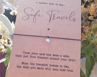 Safe Travels Wish bracelet, gift for her, cord bracelet, token gift, charm string bracelet, charm jewellery, jewellery for her,