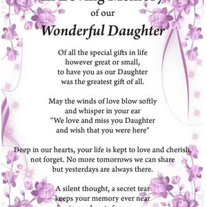 Impresión de recuerdo amoroso de una hija, impresión conmemorativa, impresión digital, descarga digital, poema fúnebre, seres queridos en el cielo, impresión A4,