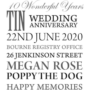 Tin Wedding Anniversary gift, husband gift, wife gift, personalised gift, Keepsake gift, anniversary gift, 10 year anniversary,