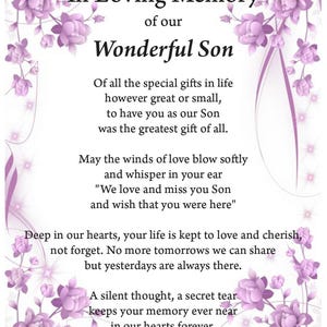 Impresión de recuerdo amoroso de un hijo, impresión conmemorativa, impresión digital, descarga digital, poema fúnebre, seres queridos en el cielo, impresión A4,