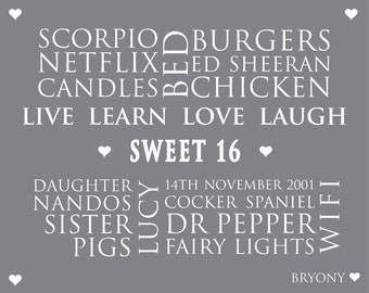 16th Birthday gift, gift for her, gift for him, personalised gift, happy 16th, unique gift, happy memories, 16th birthday present,
