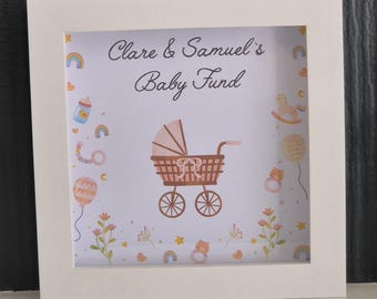 Money box frame, personalised money box, savings, baby fund, piggy bank, couple gift, letter box frame, wedding gift, travel fund, baby gift