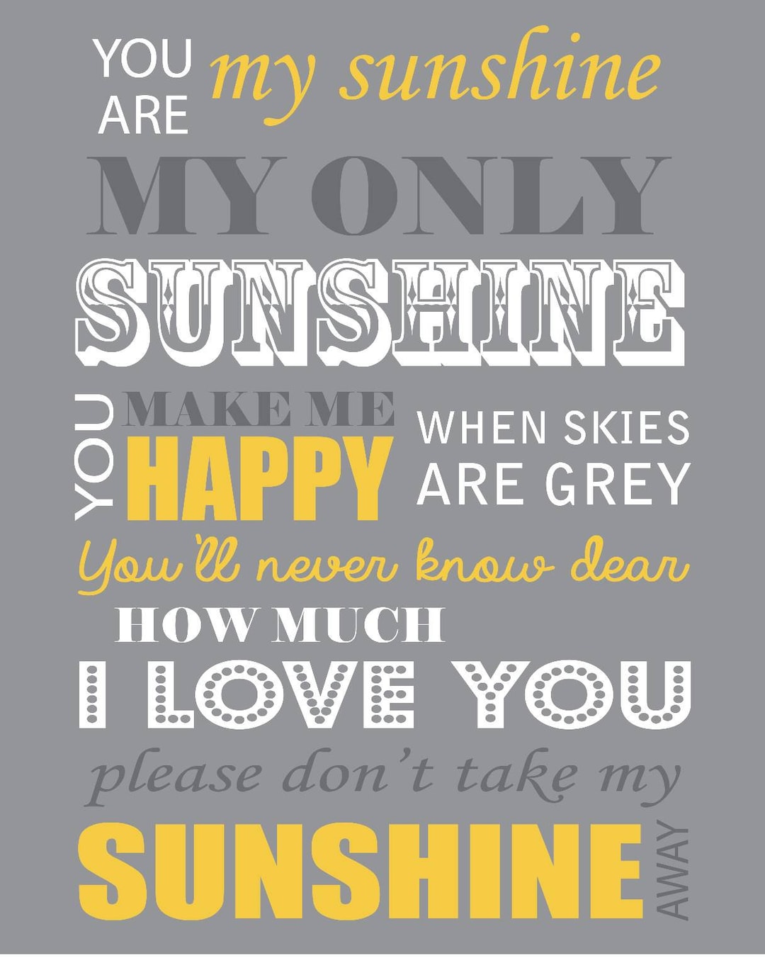 You Are My Sunshine Print, Sunshine, Love, Song Gift, Lyrics Gift