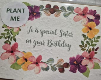 Plantable Sister Birthday Wildflower Seed card, plantable seed card, wild flower seed card, eco friendly, seed paper card, bee friendly