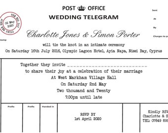 Wedding telegram, invitation, vintage wedding, invite, personalised wedding invite, wedding stationery, postcard invitation,