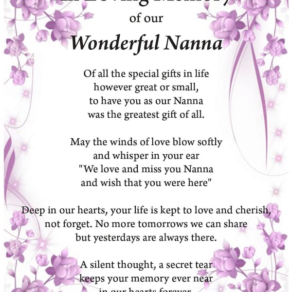 Nanna loving memory print, memorial print, digital print, digital download, funeral poem, loved ones in heaven, A4 print,