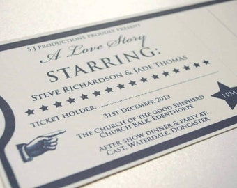 Theatre ticket wedding invite, invitation, personalised wedding invitation, west end wedding invite, ticket invitation, theatre themed,