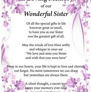Impresión de Hermana en memoria amorosa, impresión conmemorativa, impresión digital, descarga digital, poema fúnebre, seres queridos en el cielo, impresión A4,