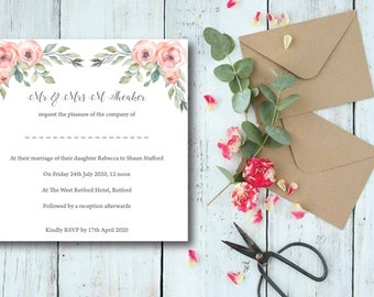 Floral Personalised Wedding Invite, invitation with flowers, pretty wedding, invite, invitation, floral, personalised wedding invitations,