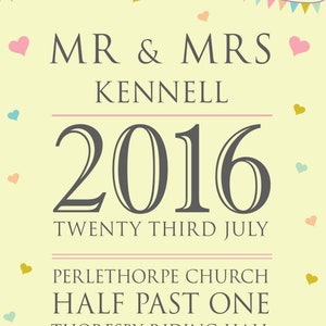 Wedding gift, A4 print, couple, wedding, bunting, hearts, Keepsake, wedding gift, personalised, unique, married couple, special day, design,
