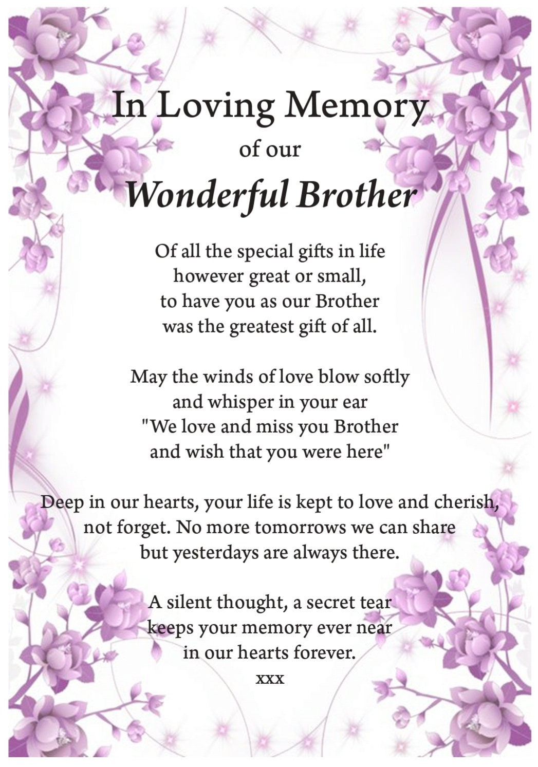 Brother in Loving Memory Print, Funeral Poem, Missing You, Bereavement ...